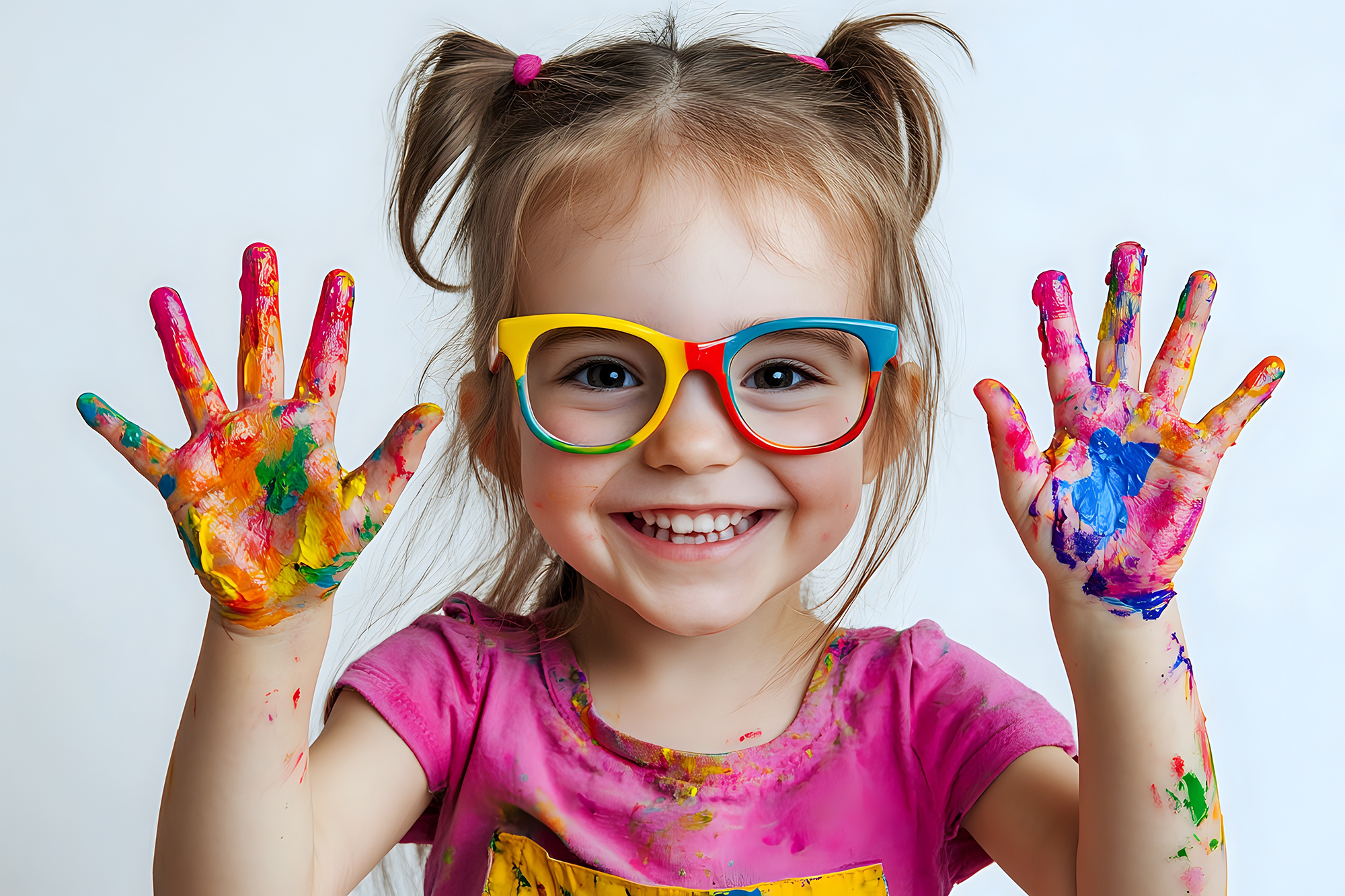 child shows colorful paint hands, happy expression, creative art activities for kids, joyful painting experience, bright colors, fun activities, early childhood development, artistic expression, colorful hands, child's creativity